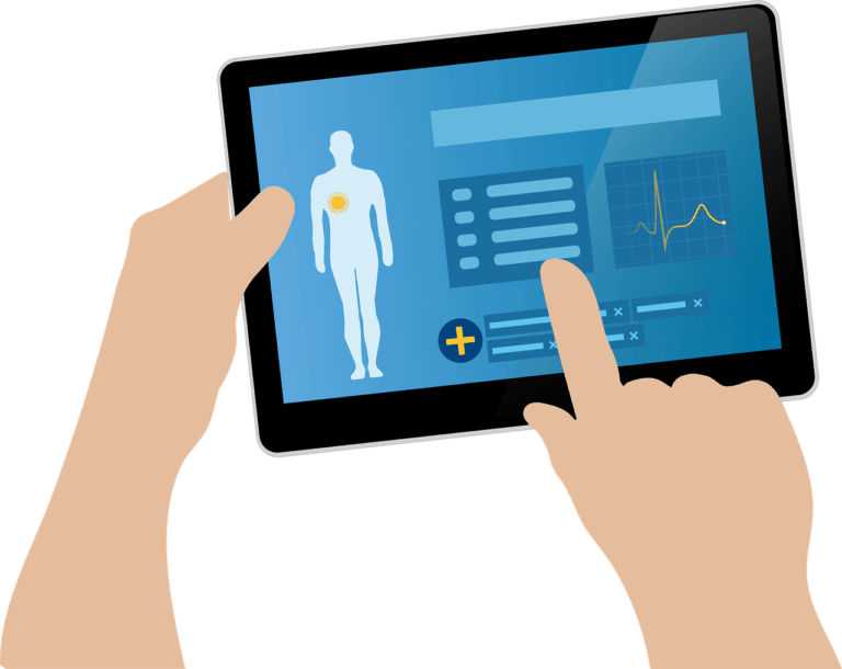 graphic of a tablet with medical chart information on the display